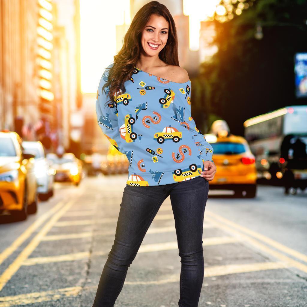 Taxi Car Print Pattern Women Off Shoulder Sweatshirt-grizzshop