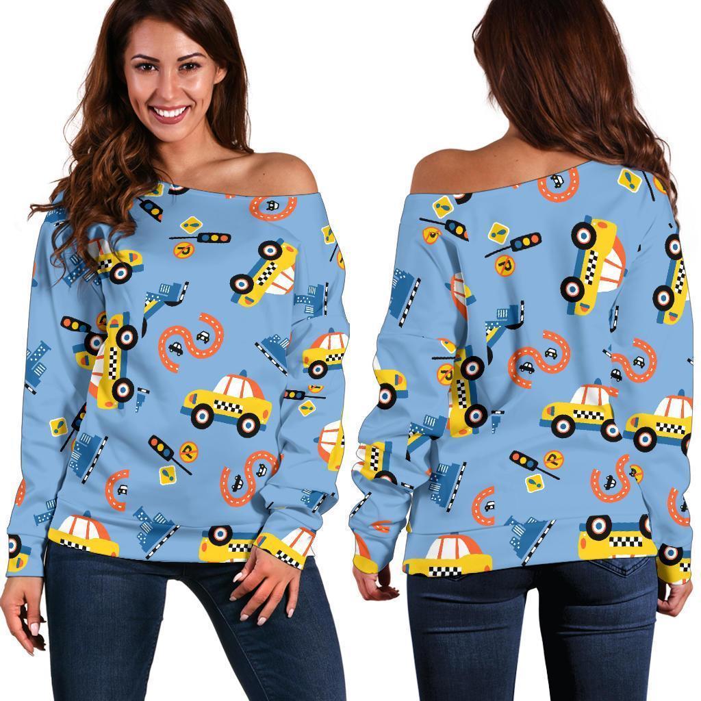 Taxi Car Print Pattern Women Off Shoulder Sweatshirt-grizzshop