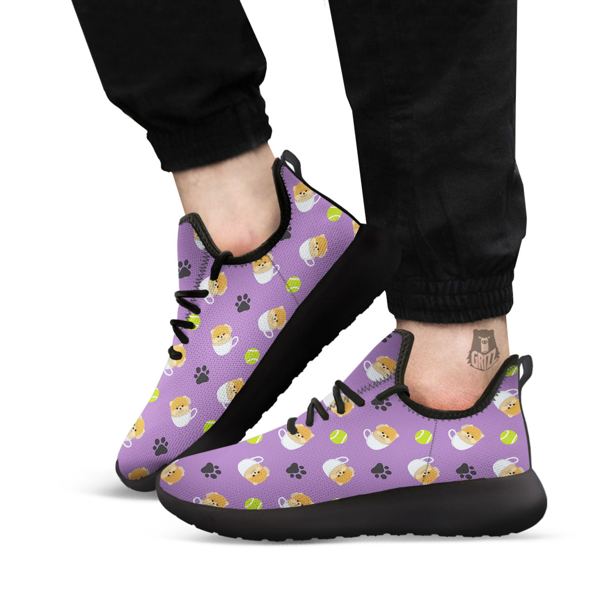 Tea Cup Pomeranian Print Pattern Black Athletic Shoes-grizzshop