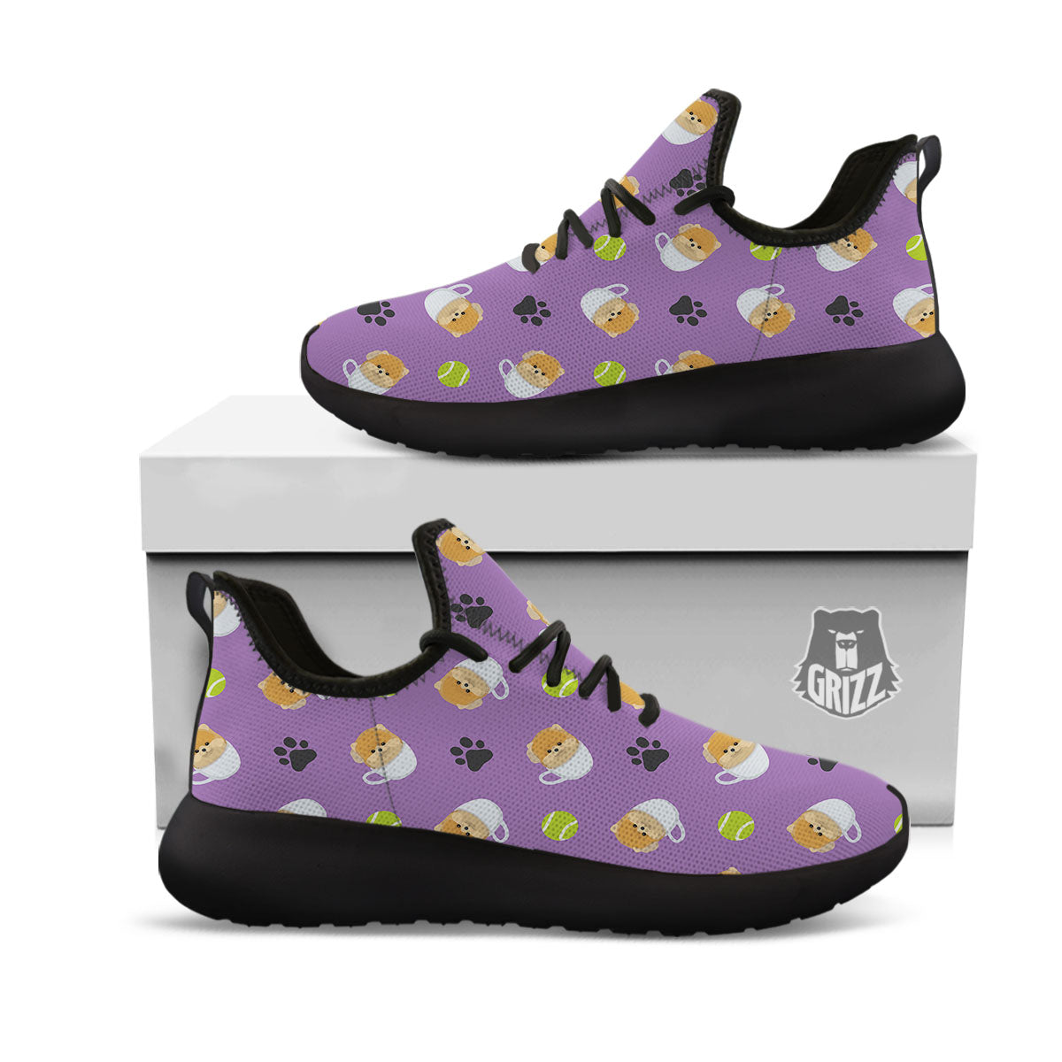 Tea Cup Pomeranian Print Pattern Black Athletic Shoes-grizzshop