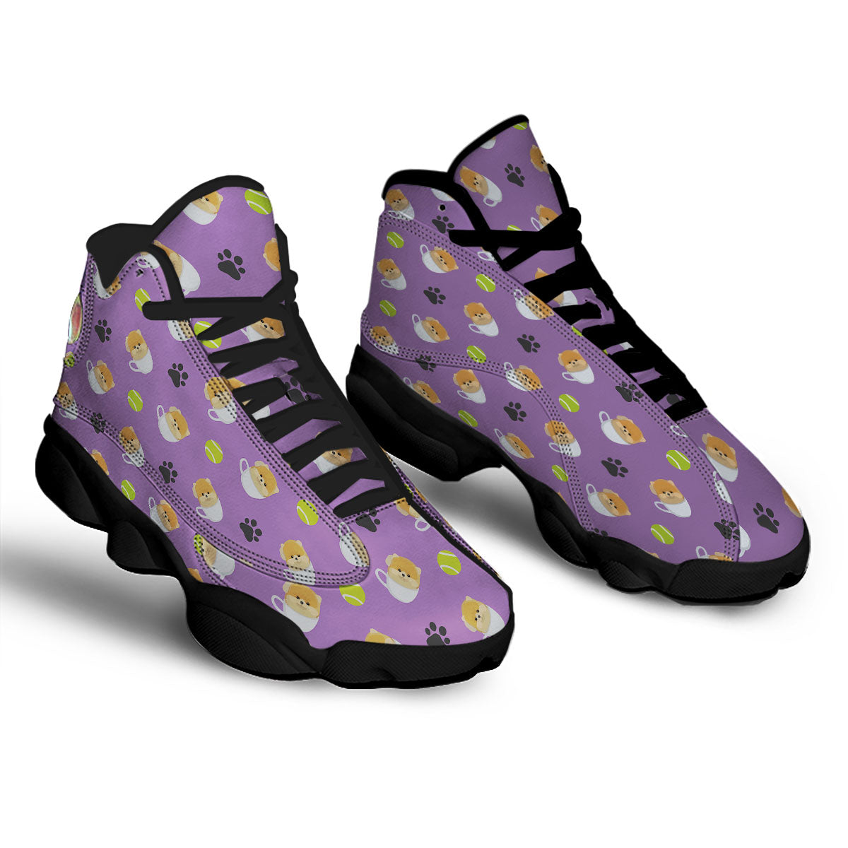 Tea Cup Pomeranian Print Pattern Black Basketball Shoes-grizzshop
