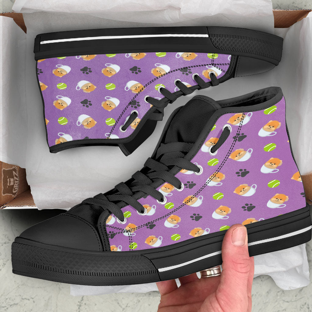 Tea Cup Pomeranian Print Pattern Black High Top Shoes-grizzshop