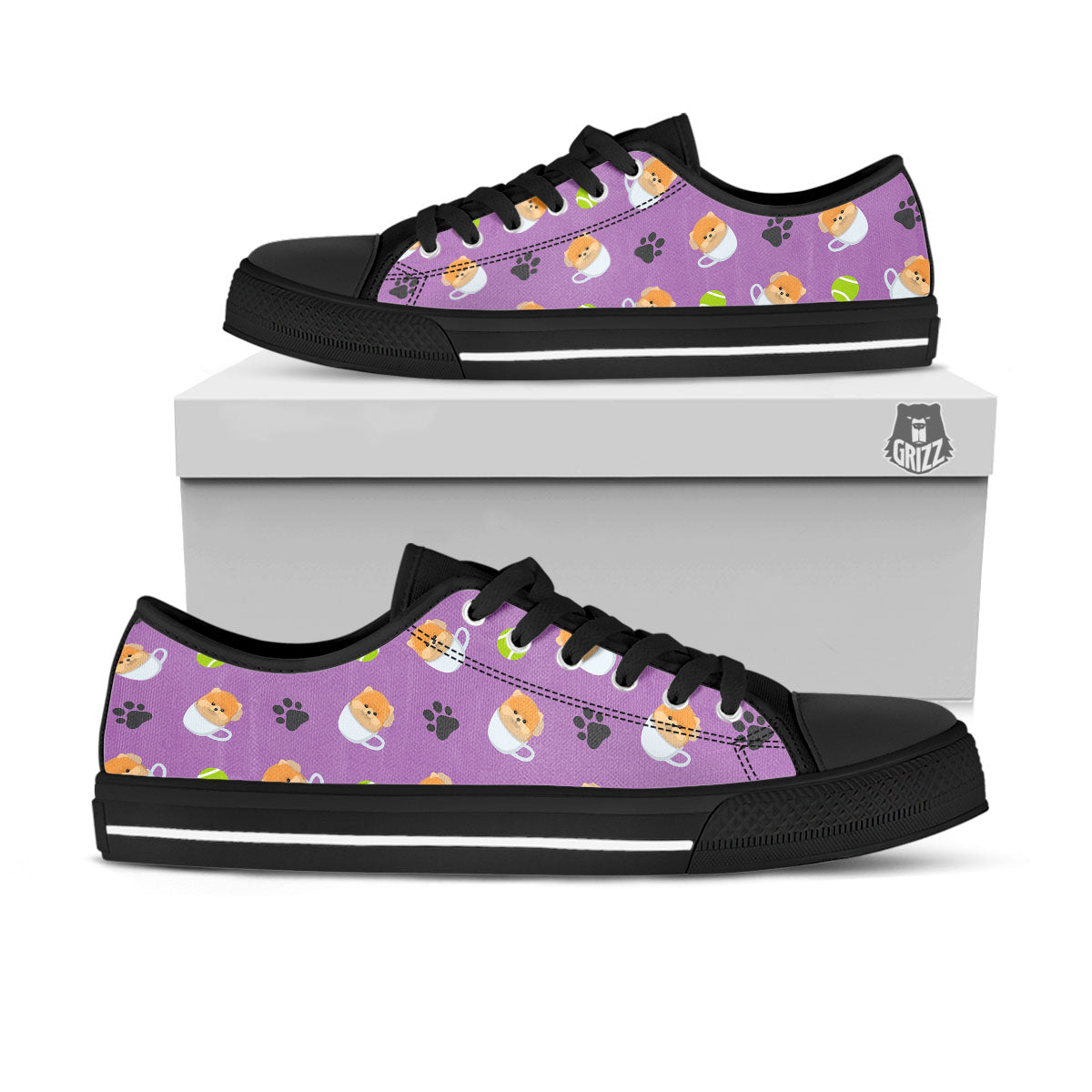 Tea Cup Pomeranian Print Pattern Black Low Top Shoes-grizzshop