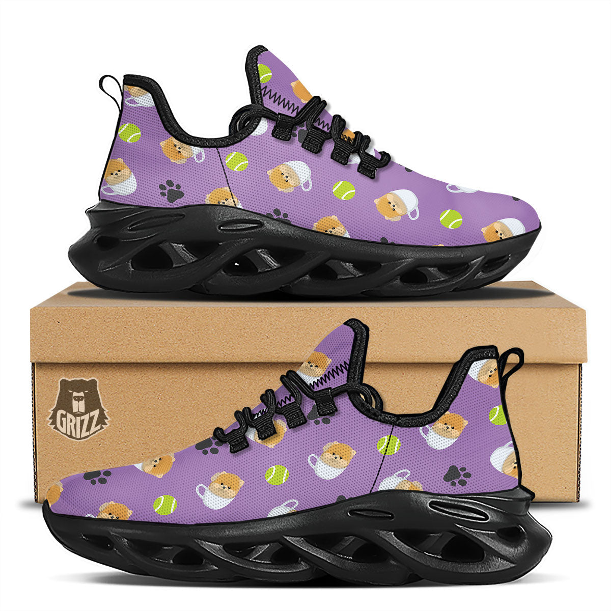Tea Cup Pomeranian Print Pattern Black Running Shoes-grizzshop