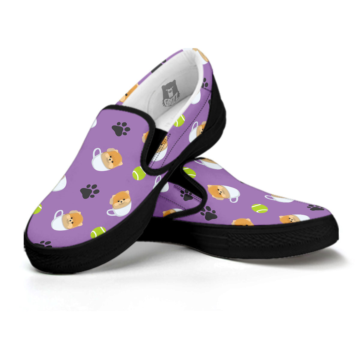 Tea Cup Pomeranian Print Pattern Black Slip On Shoes-grizzshop