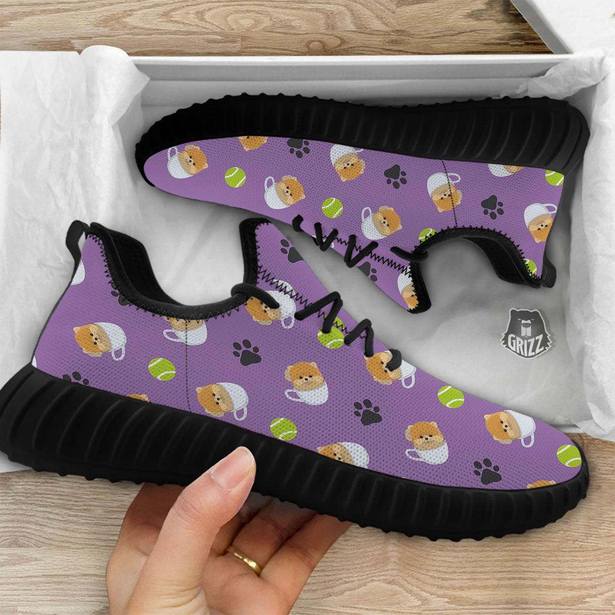 Tea Cup Pomeranian Print Pattern Black Walking Shoes-grizzshop