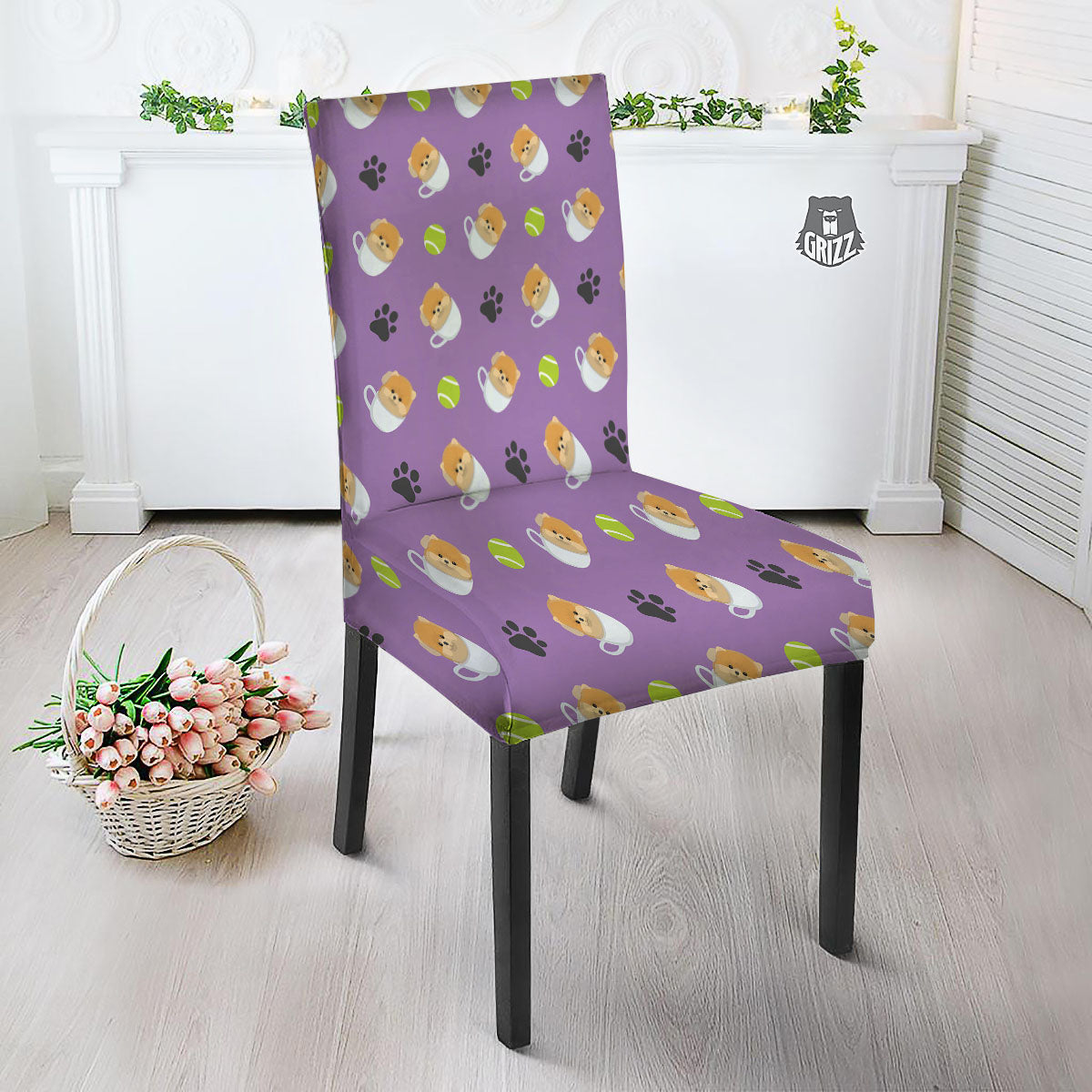 Tea Cup Pomeranian Print Pattern Dining Chair Slipcover-grizzshop