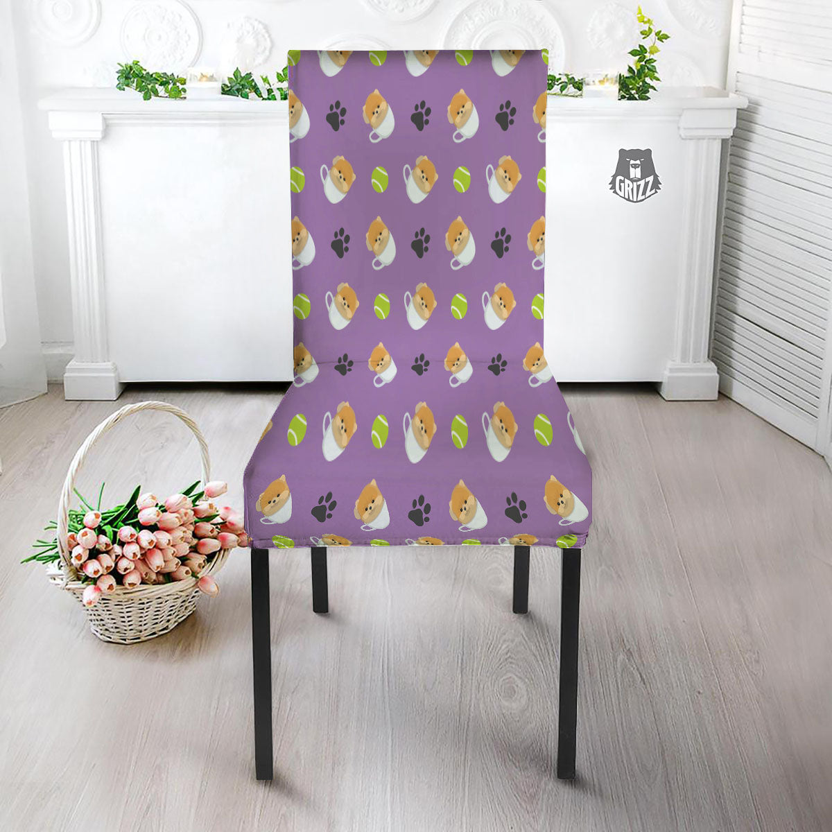 Tea Cup Pomeranian Print Pattern Dining Chair Slipcover-grizzshop