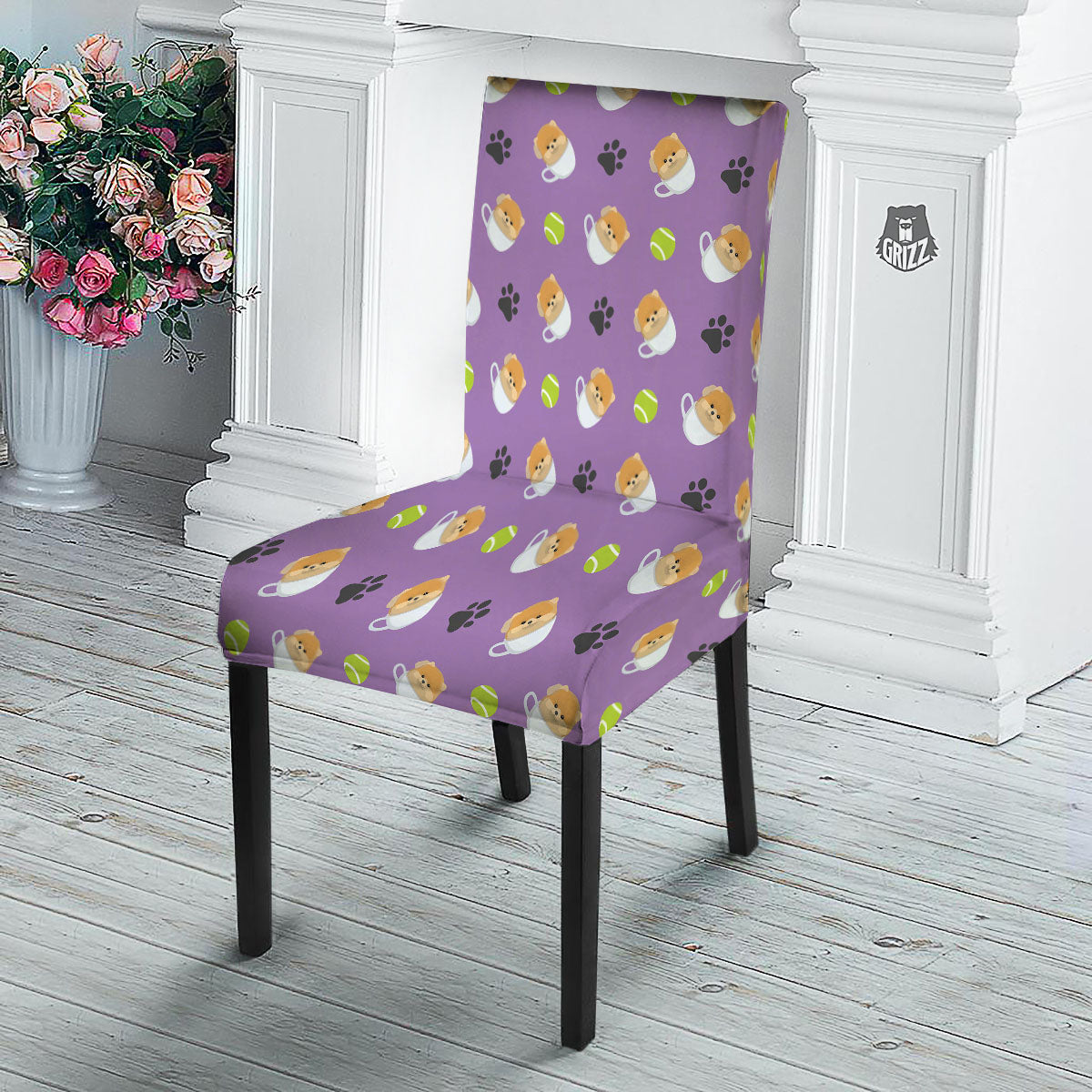 Tea Cup Pomeranian Print Pattern Dining Chair Slipcover-grizzshop