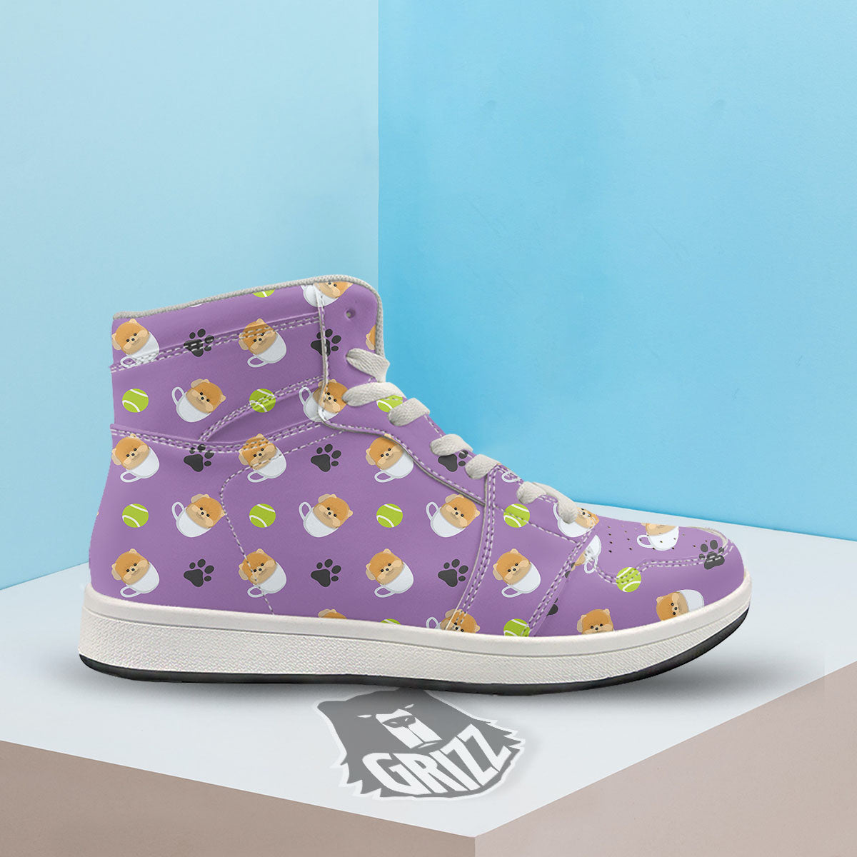 Tea Cup Pomeranian Print Pattern High Top Sneakers-grizzshop