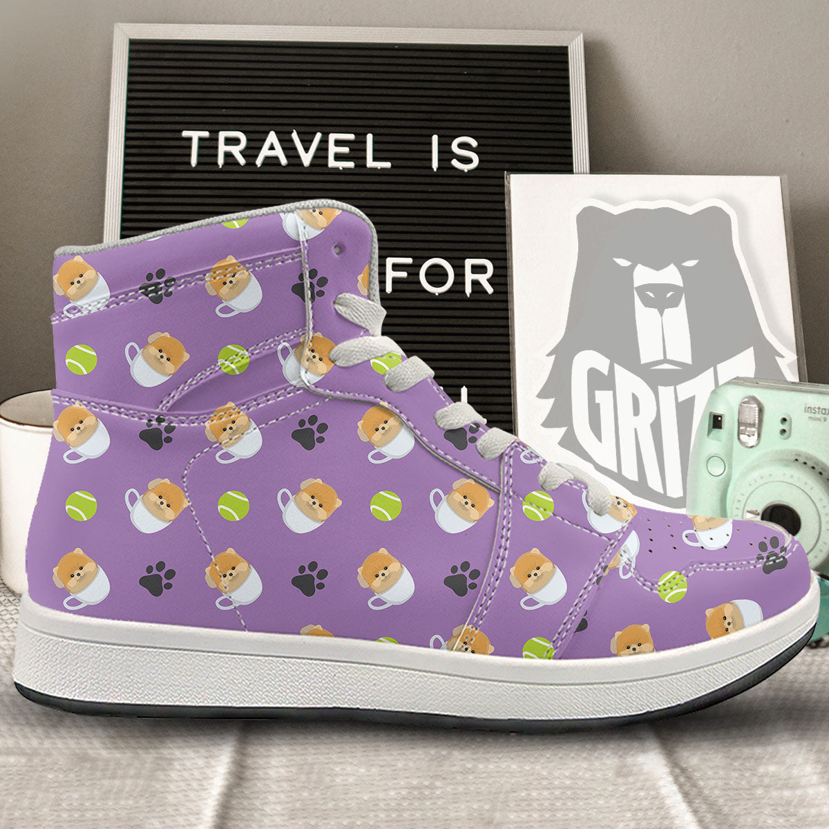 Tea Cup Pomeranian Print Pattern High Top Sneakers-grizzshop