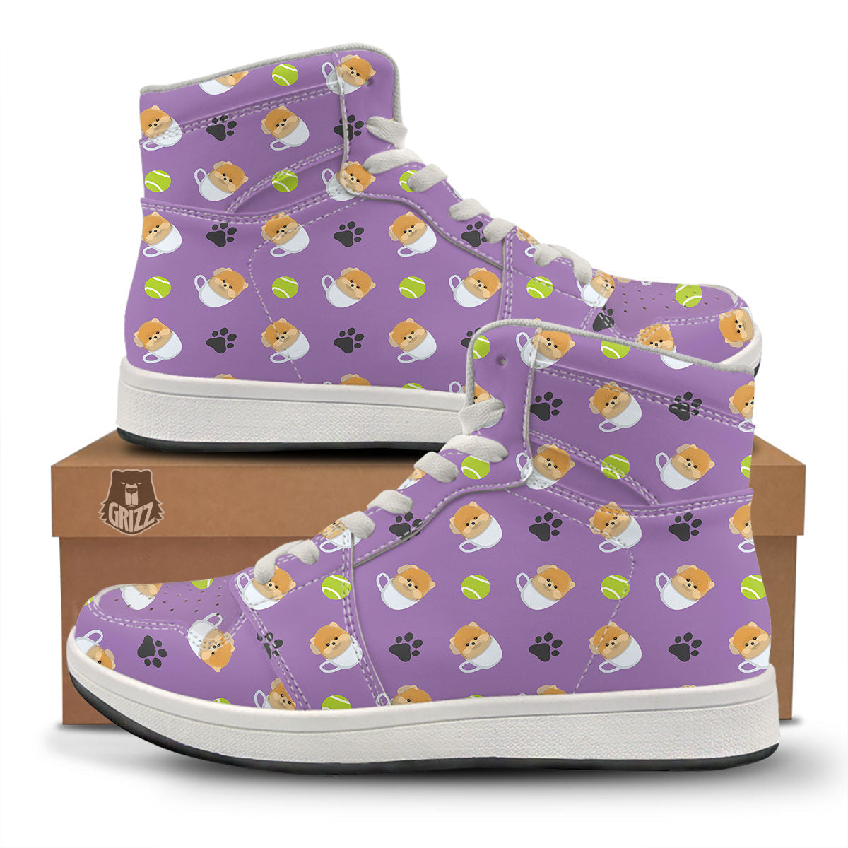 Tea Cup Pomeranian Print Pattern High Top Sneakers-grizzshop