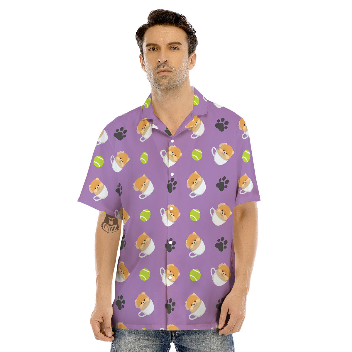 Tea Cup Pomeranian Print Pattern Men's Hawaiian Shirt-grizzshop