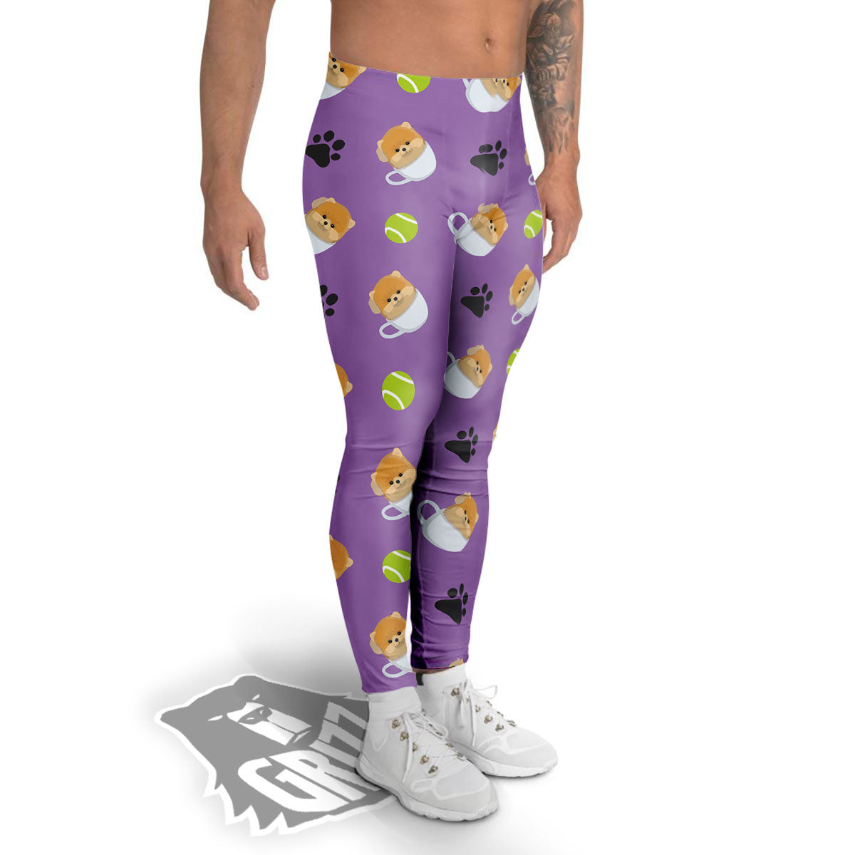Tea Cup Pomeranian Print Pattern Men's Leggings-grizzshop