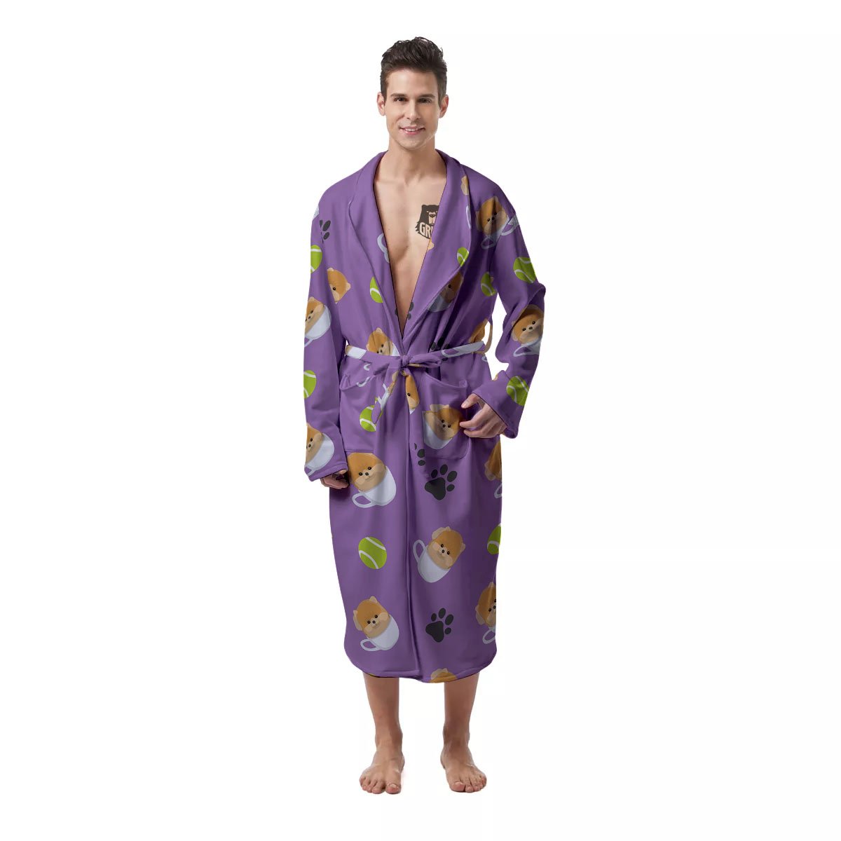 Tea Cup Pomeranian Print Pattern Men's Robe-grizzshop