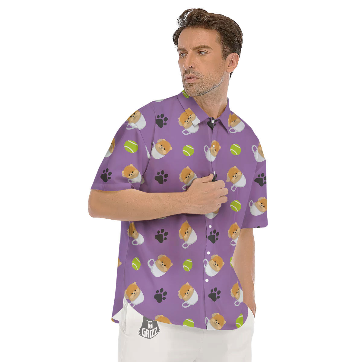 Tea Cup Pomeranian Print Pattern Men's Short Sleeve Shirts-grizzshop