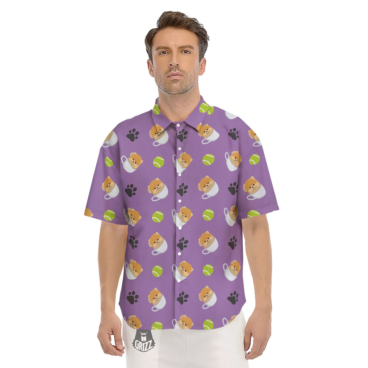 Tea Cup Pomeranian Print Pattern Men's Short Sleeve Shirts-grizzshop