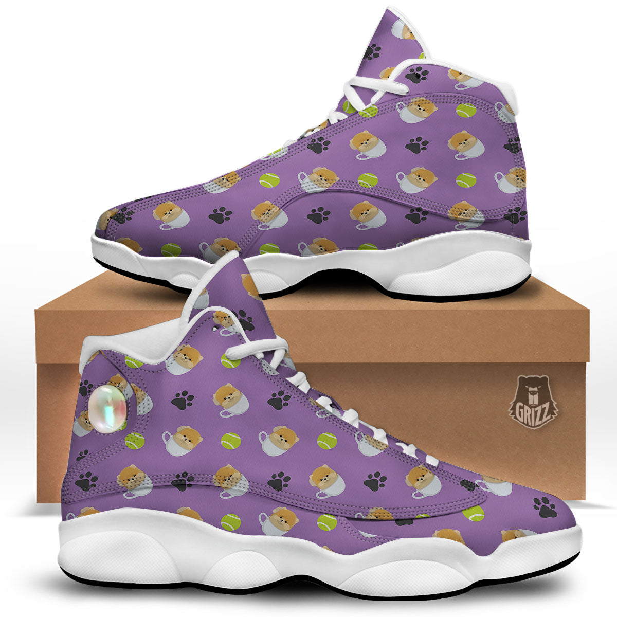 Tea Cup Pomeranian Print Pattern White Basketball Shoes-grizzshop