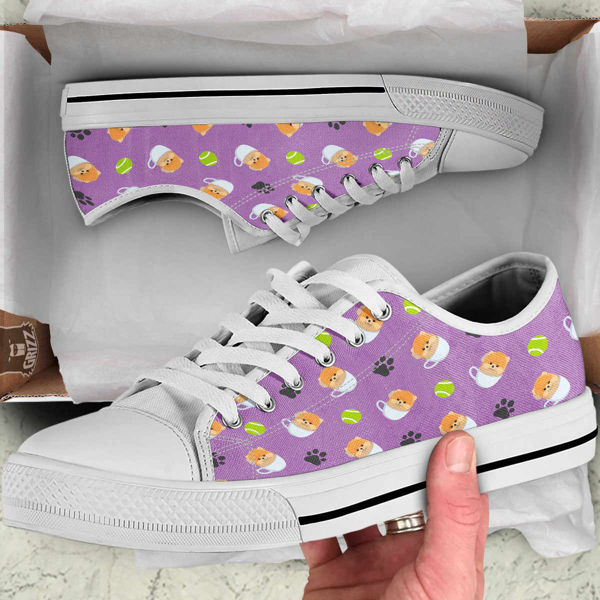 Tea Cup Pomeranian Print Pattern White Low Top Shoes-grizzshop