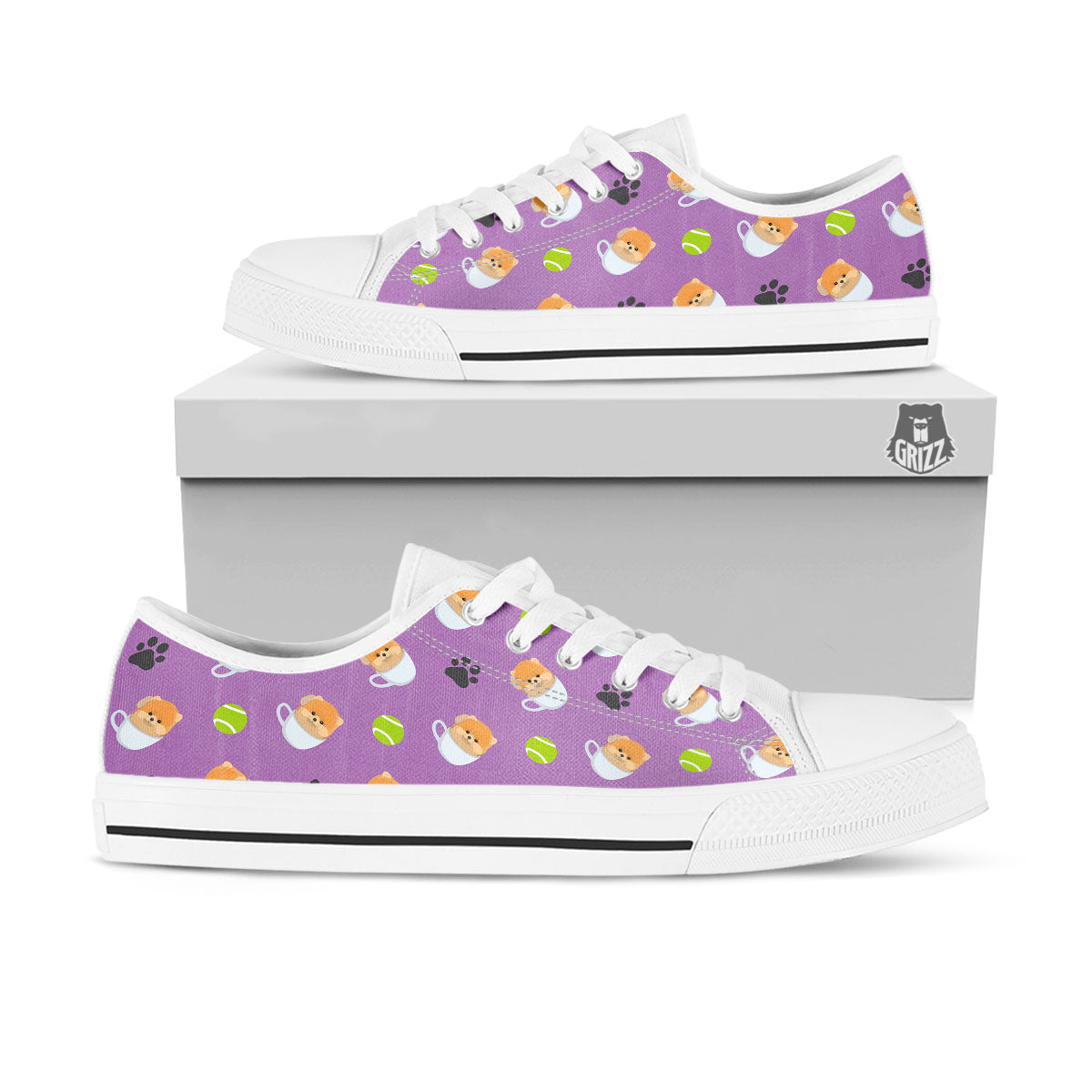 Tea Cup Pomeranian Print Pattern White Low Top Shoes-grizzshop