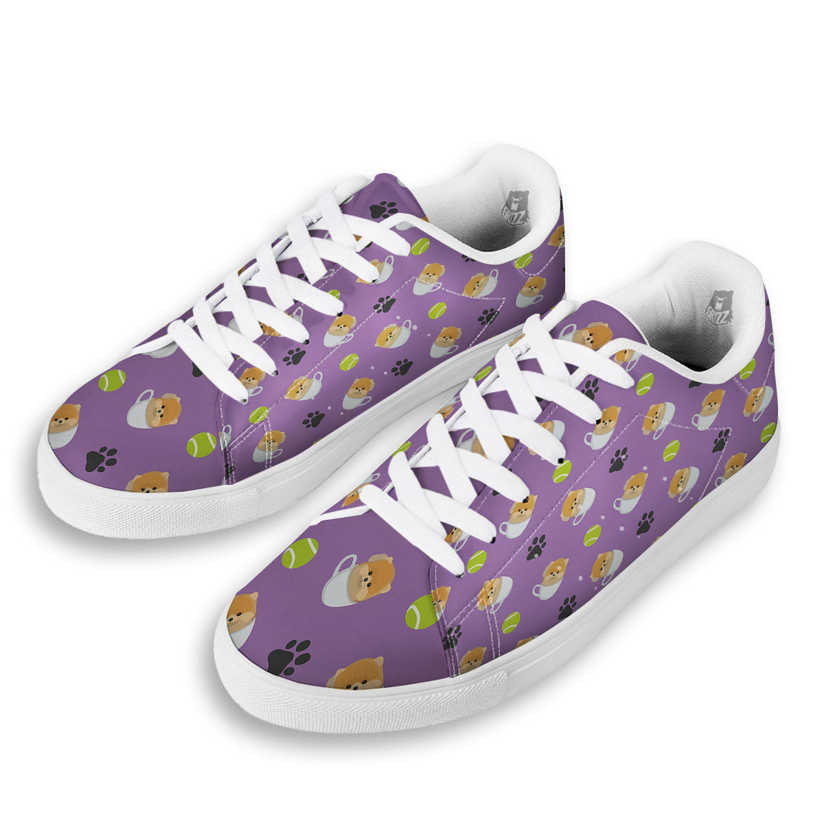 Tea Cup Pomeranian Print Pattern White Low Top Sneakers-grizzshop