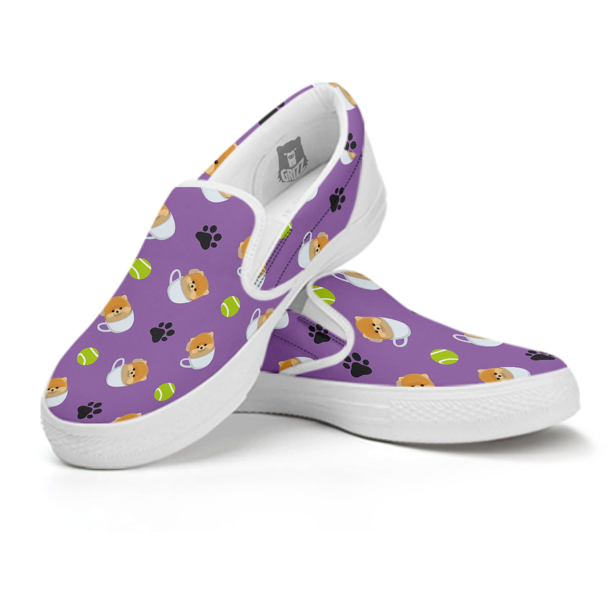 Tea Cup Pomeranian Print Pattern White Slip On Shoes-grizzshop