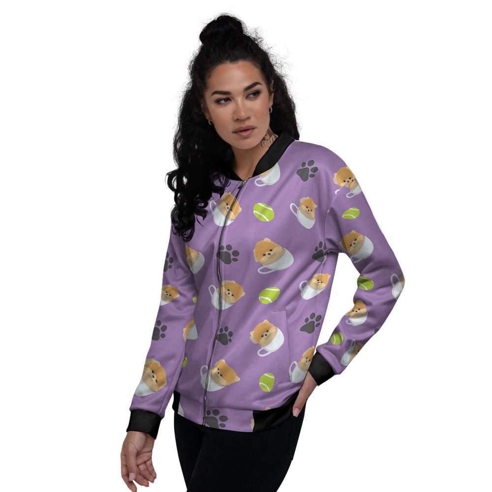 Tea Cup Pomeranian Print Pattern Women's Bomber Jacket-grizzshop