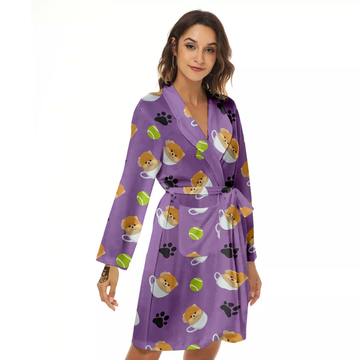 Tea Cup Pomeranian Print Pattern Women's Robe-grizzshop