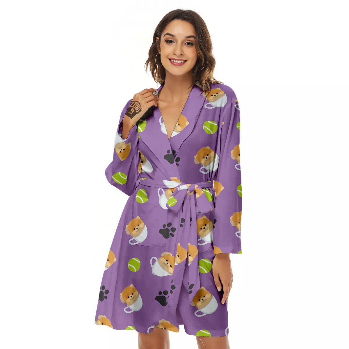 Tea Cup Pomeranian Print Pattern Women's Robe-grizzshop