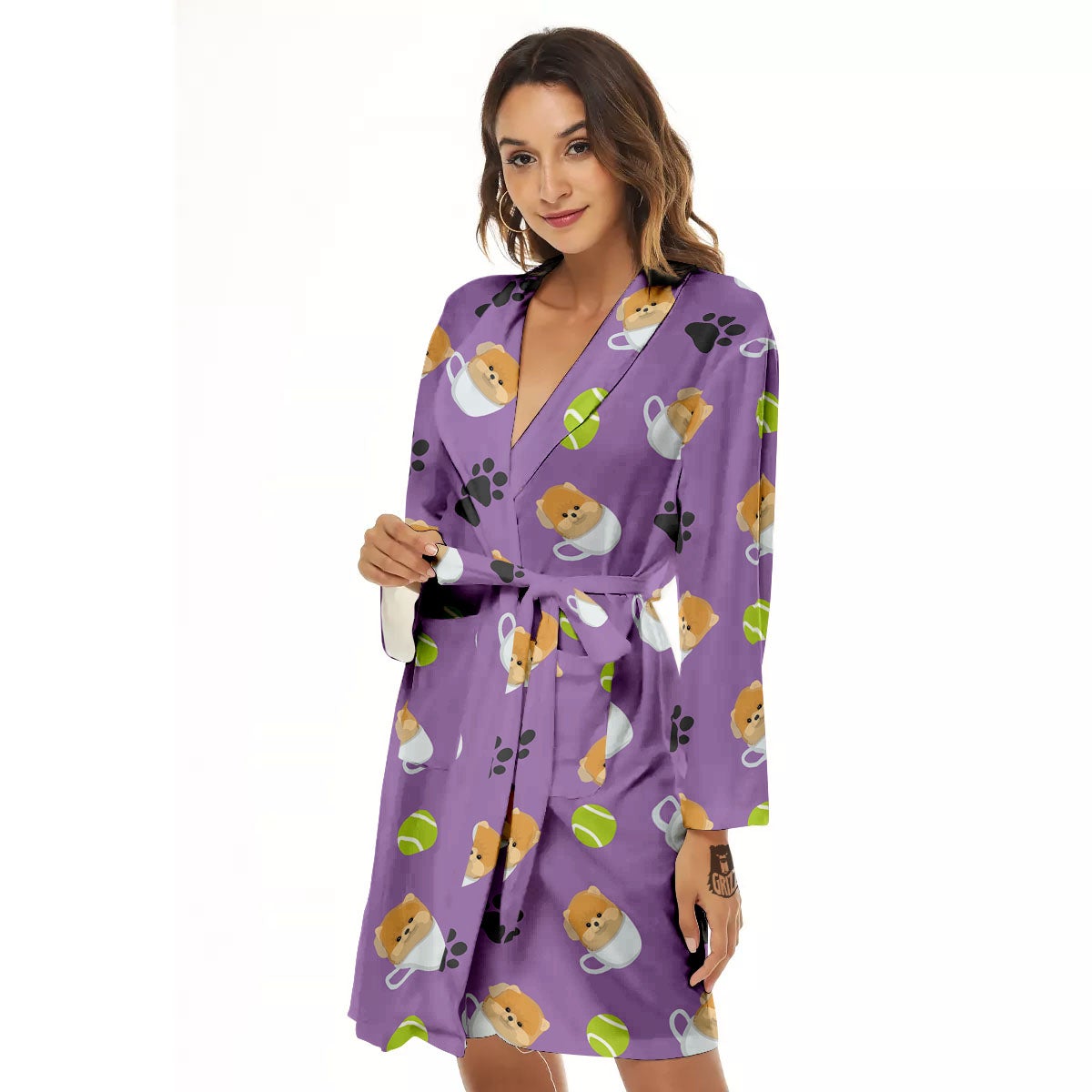 Tea Cup Pomeranian Print Pattern Women's Robe-grizzshop