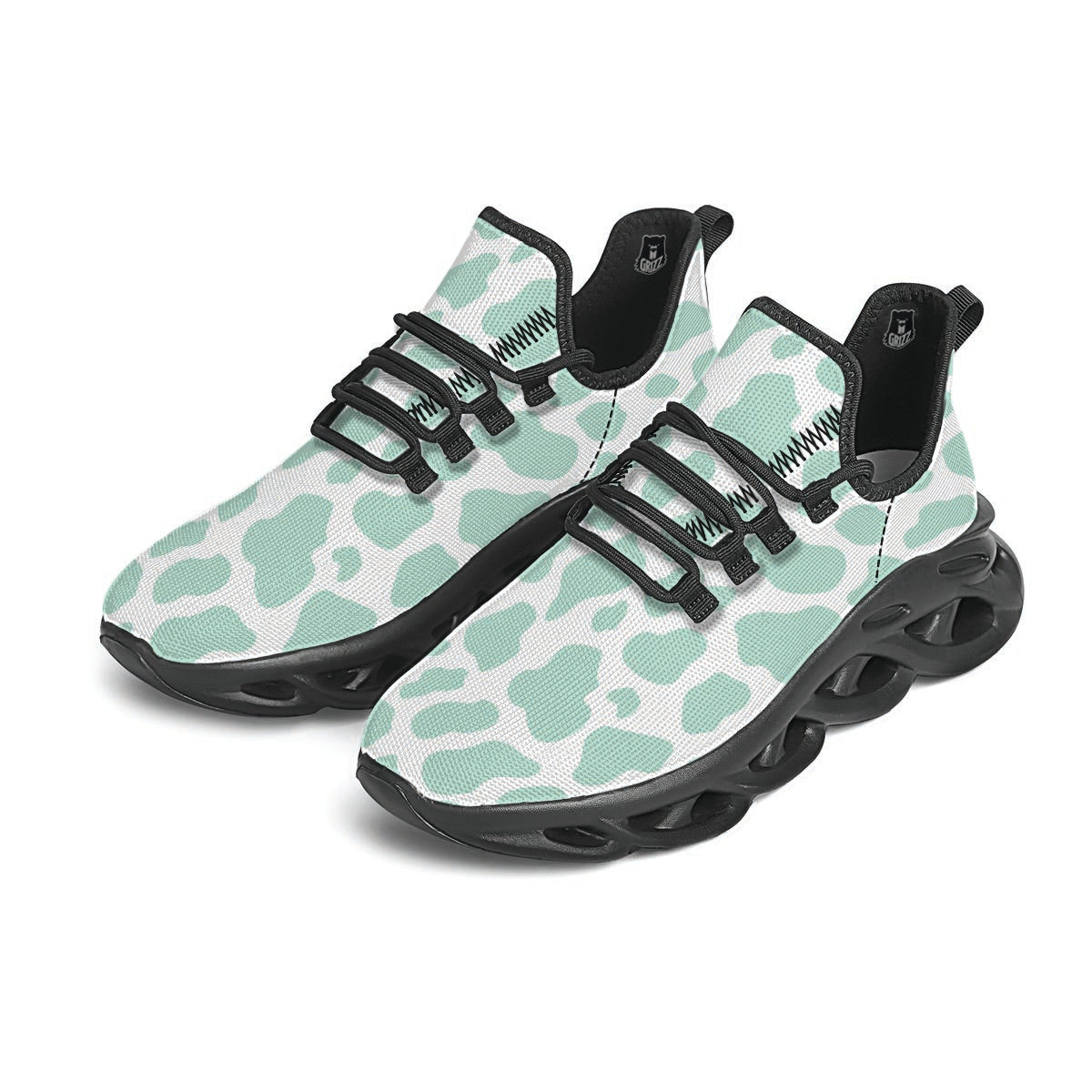Teal And White Cow Print Black Running Shoes-grizzshop