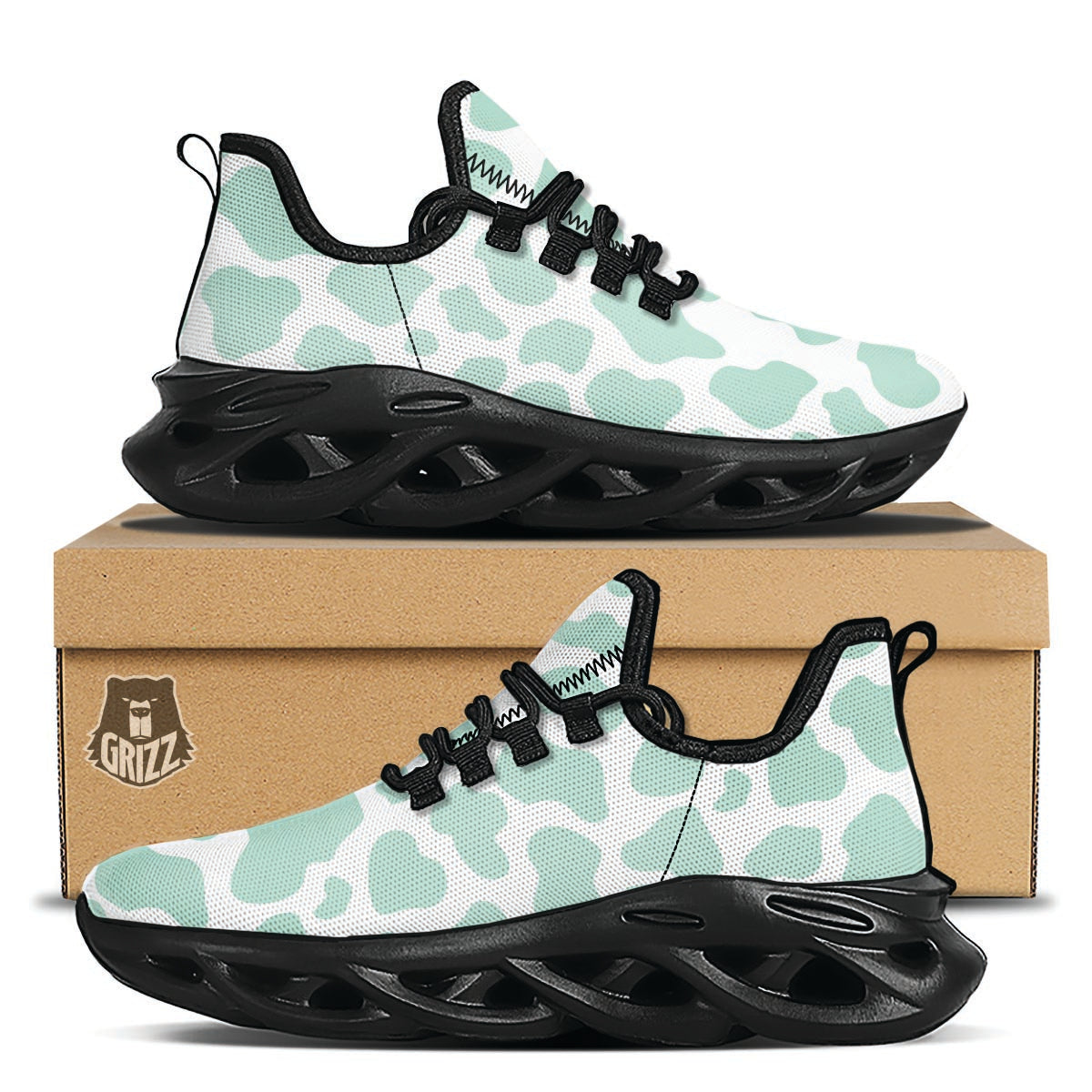 Teal And White Cow Print Black Running Shoes-grizzshop
