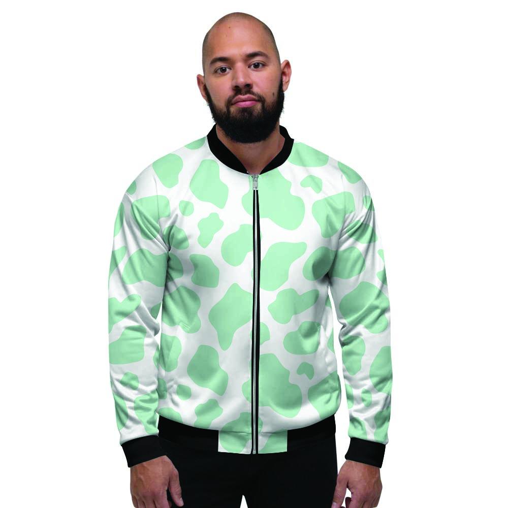 Teal And White Cow Print Men's Bomber Jacket-grizzshop