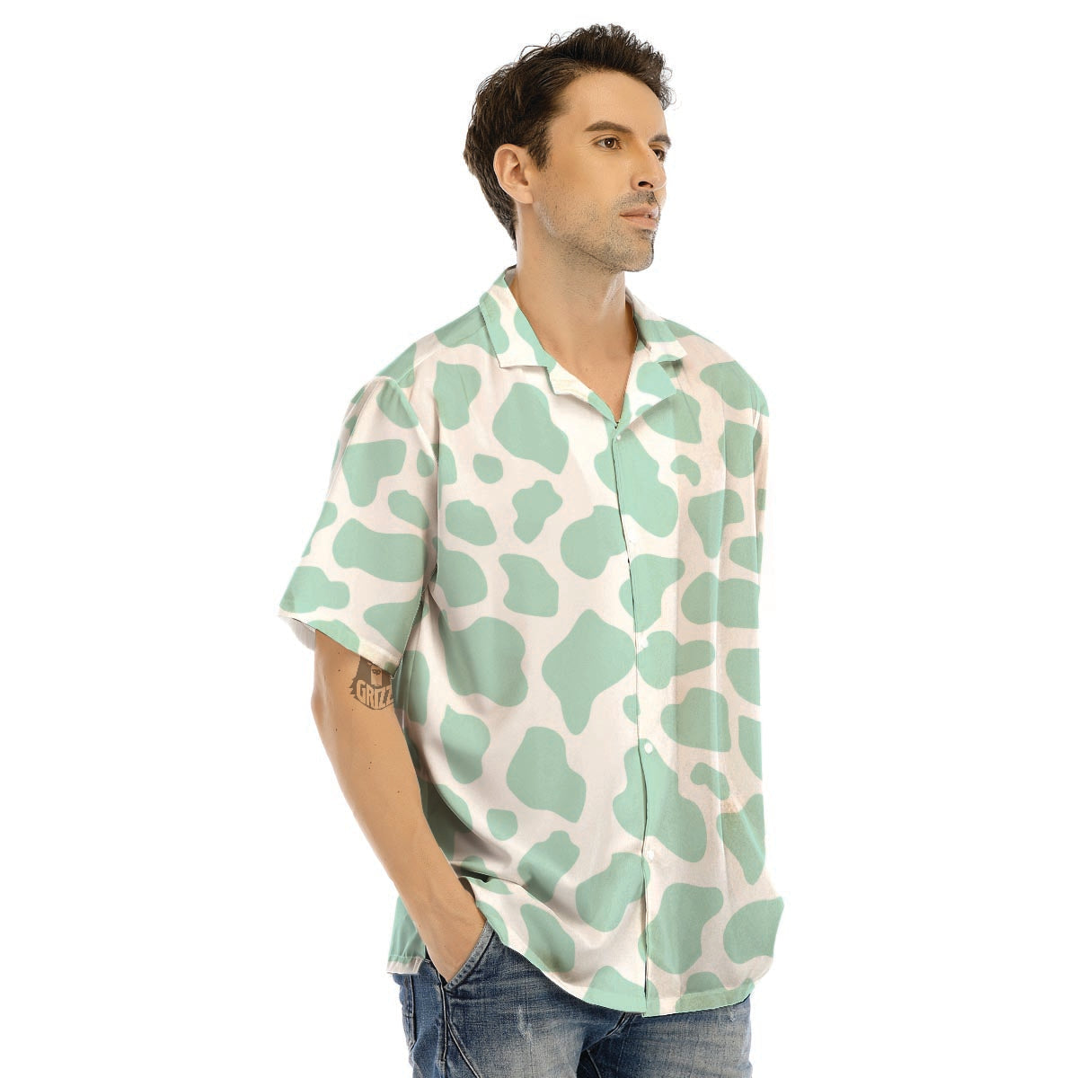 Teal And White Cow Print Men’s Hawaiian Shirt-grizzshop