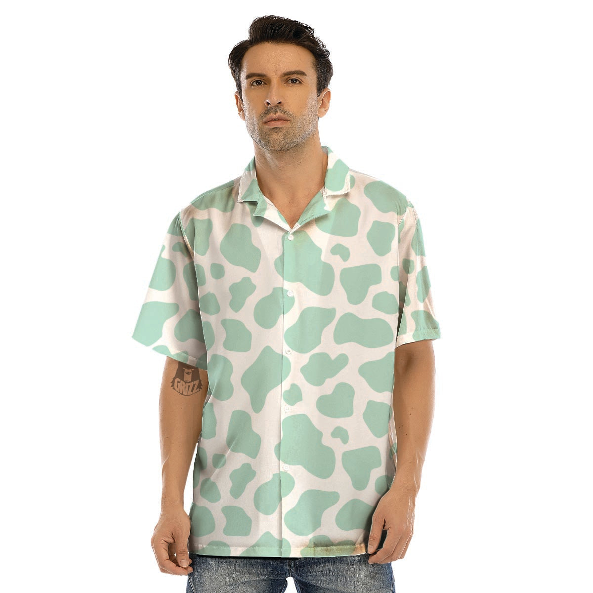 Teal And White Cow Print Men’s Hawaiian Shirt-grizzshop