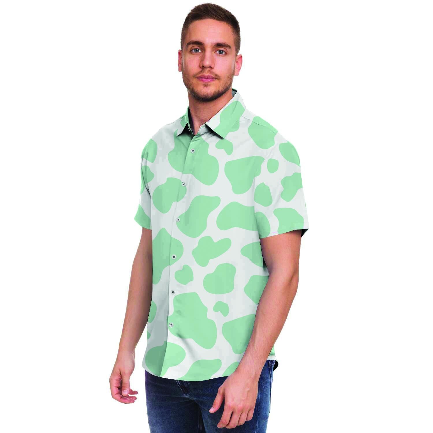 Teal And White Cow Print Men's Short Sleeve Shirt-grizzshop