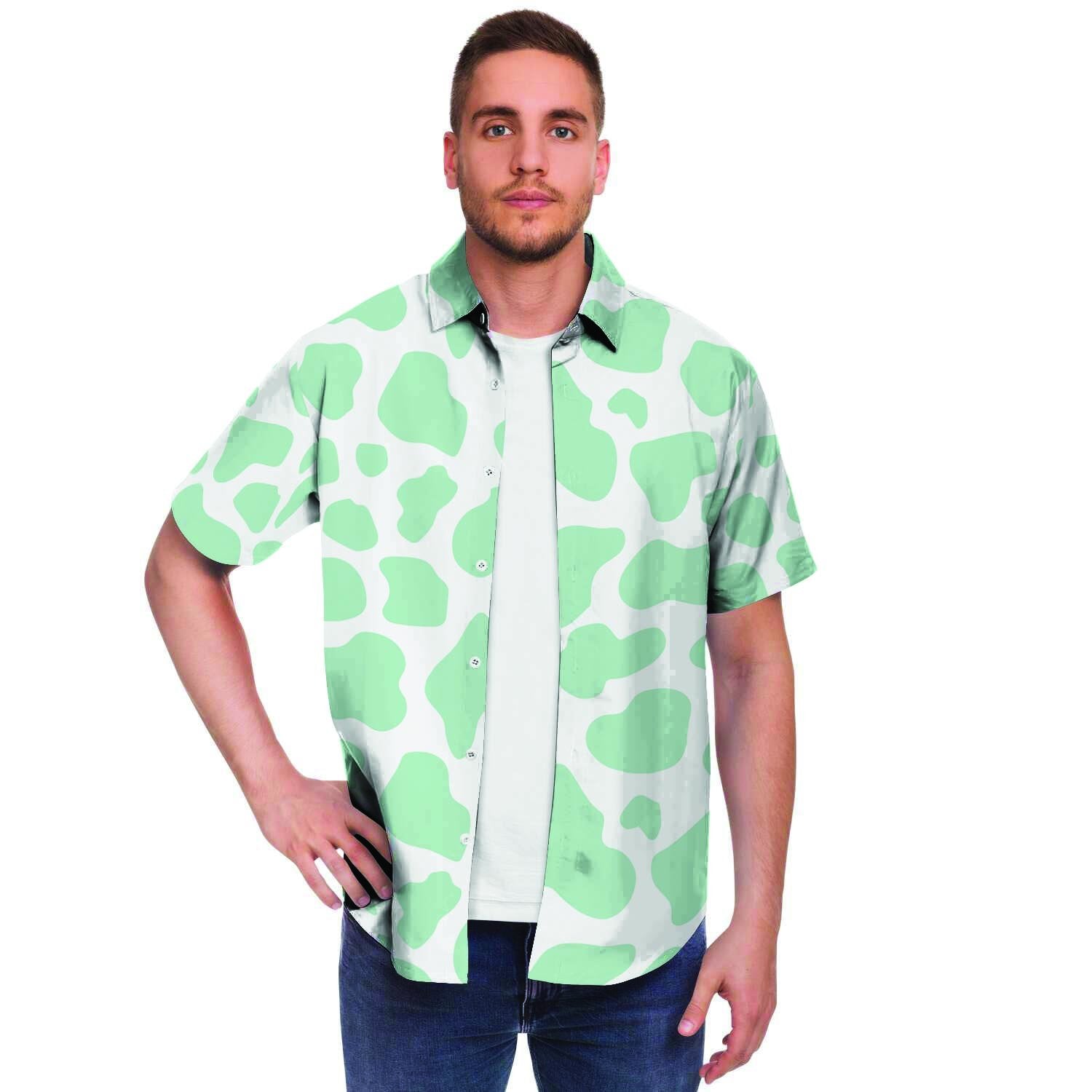 Teal And White Cow Print Men's Short Sleeve Shirt-grizzshop