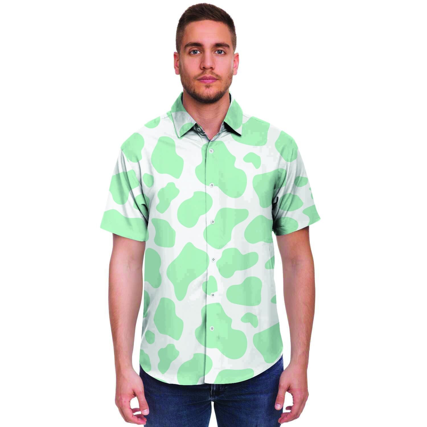 Teal And White Cow Print Men's Short Sleeve Shirt-grizzshop