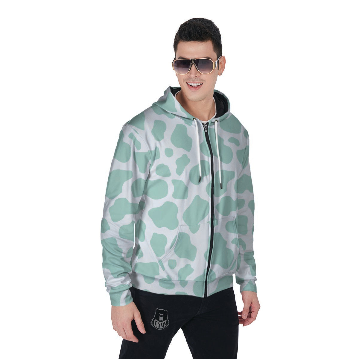 Teal And White Cow Print Men's Zip Up Hoodie-grizzshop