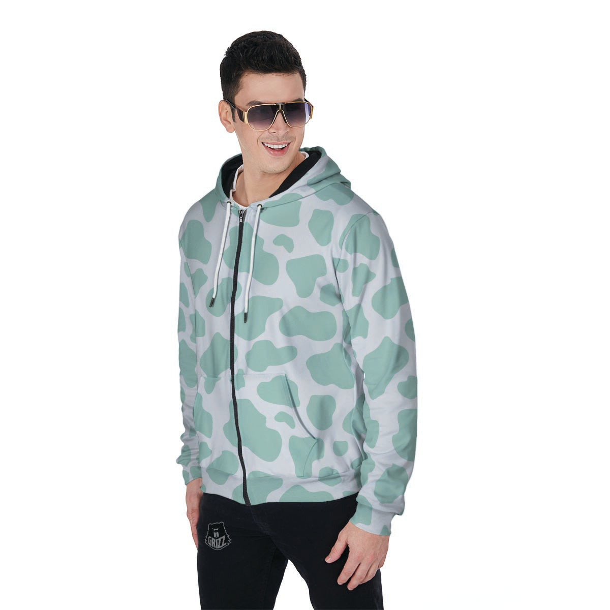 Teal And White Cow Print Men's Zip Up Hoodie-grizzshop