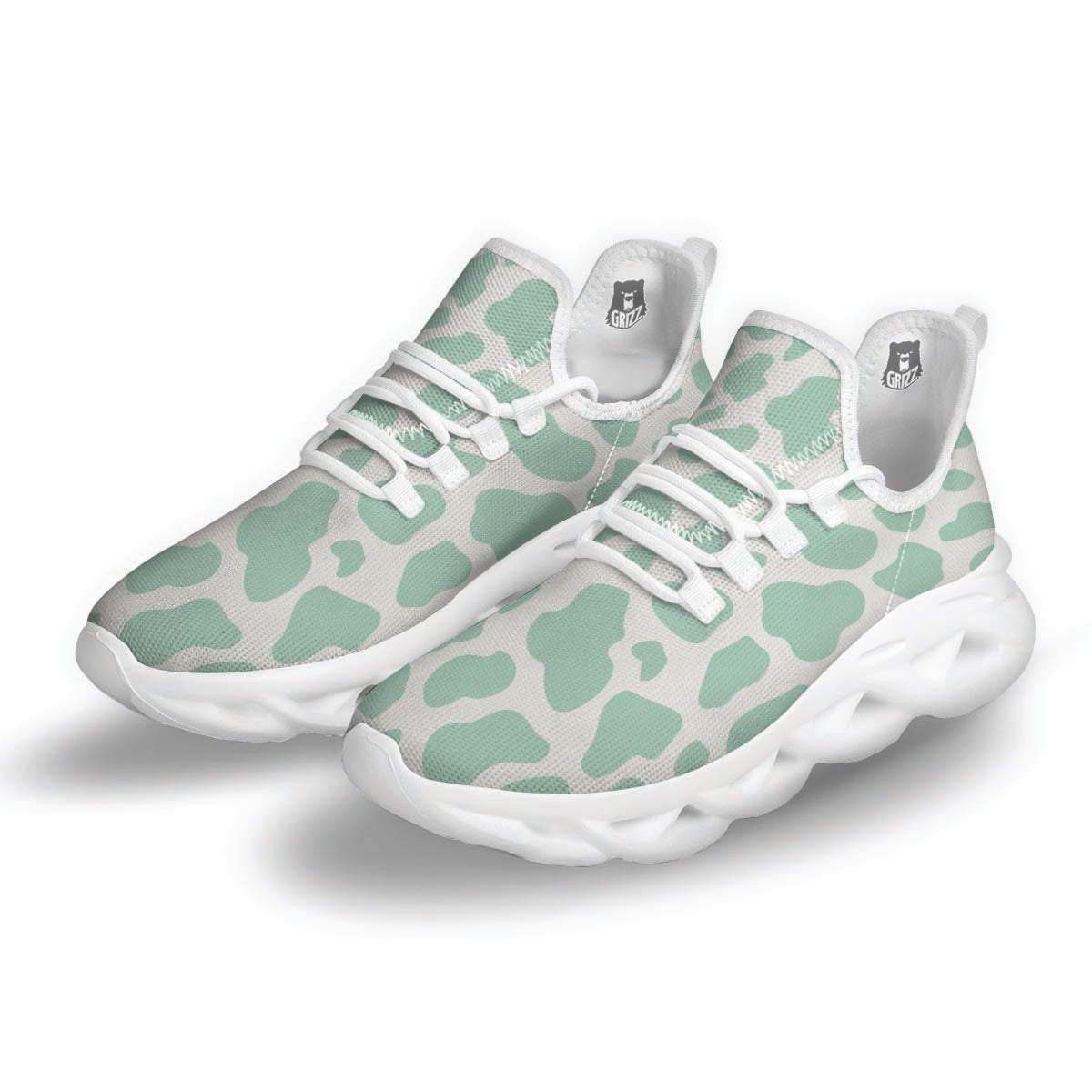 Teal And White Cow Print White Running Shoes-grizzshop