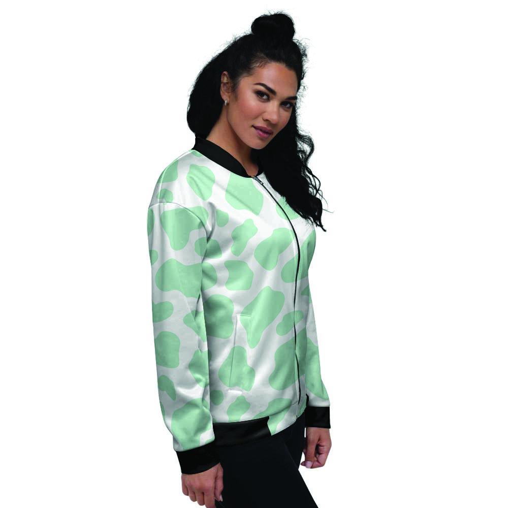 Teal And White Cow Print Women's Bomber Jacket-grizzshop