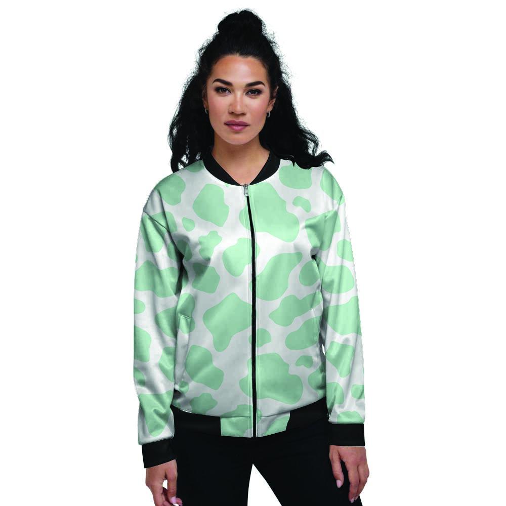 Teal And White Cow Print Women's Bomber Jacket-grizzshop