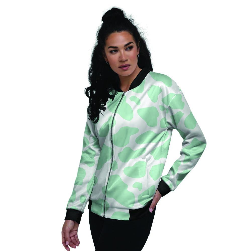 Teal And White Cow Print Women's Bomber Jacket-grizzshop