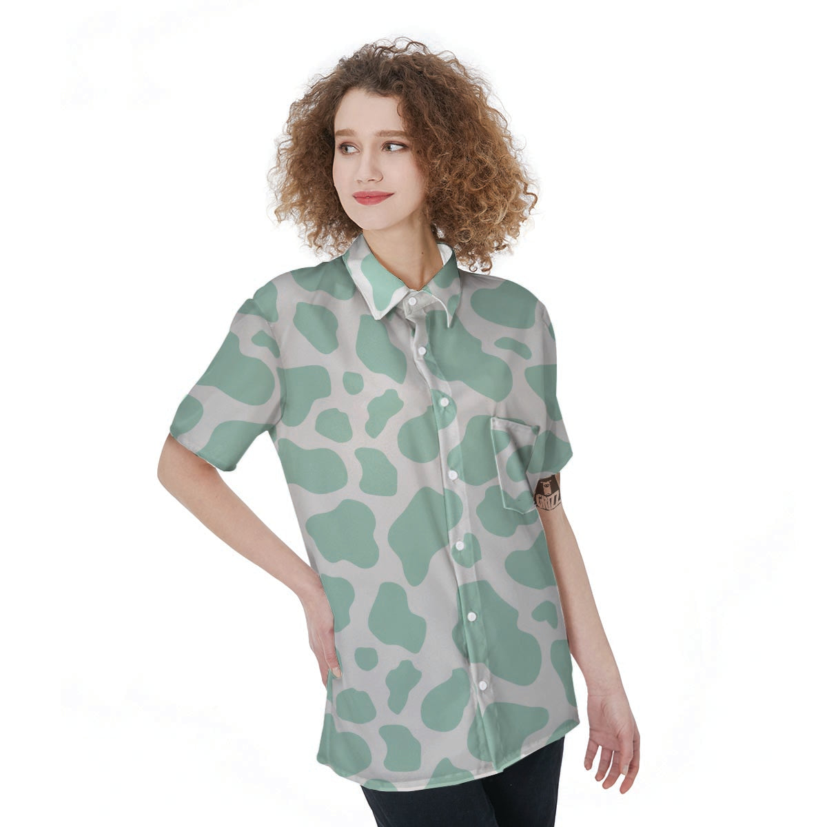 Teal And White Cow Print Women's Short Sleeve Shirts-grizzshop