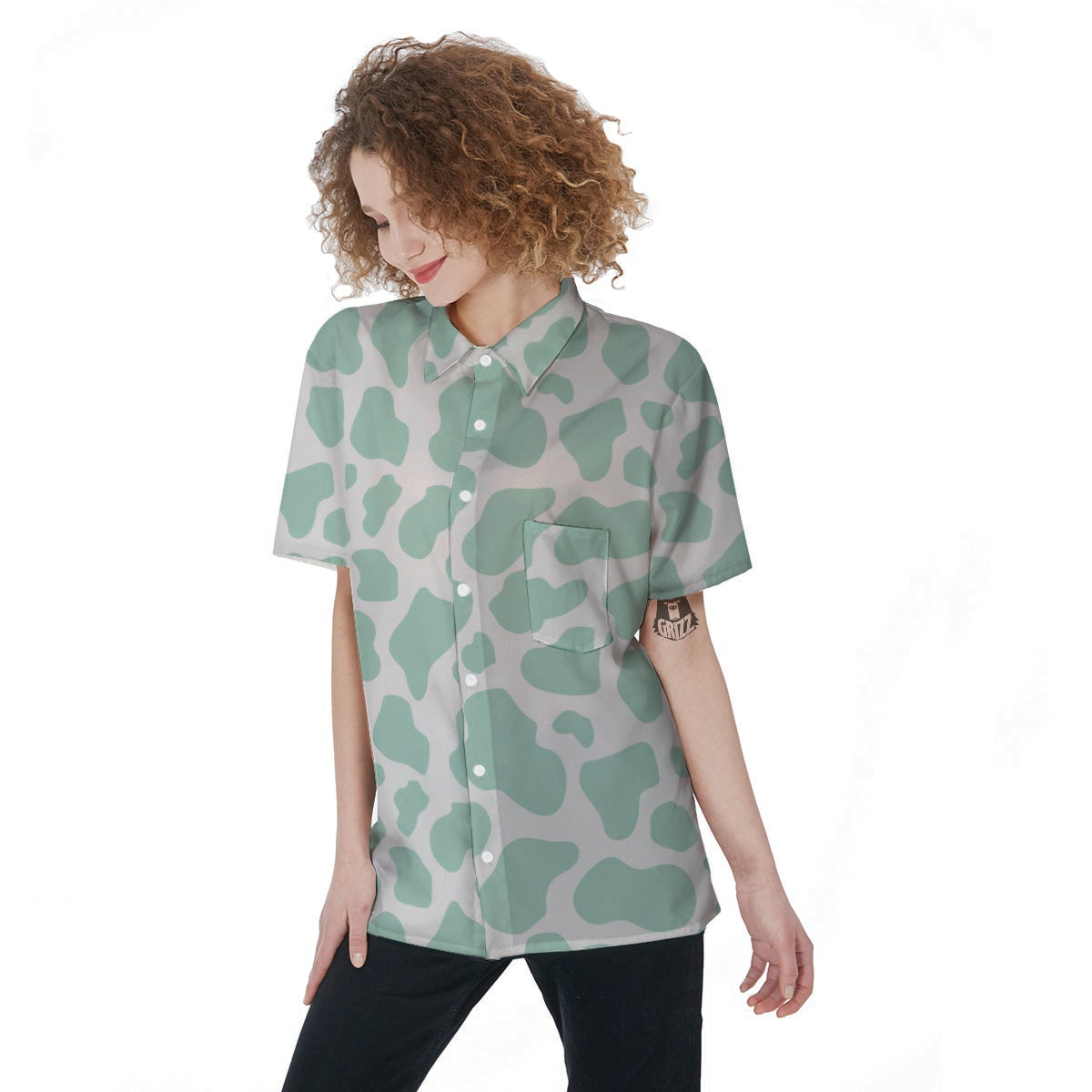 Teal And White Cow Print Women's Short Sleeve Shirts-grizzshop