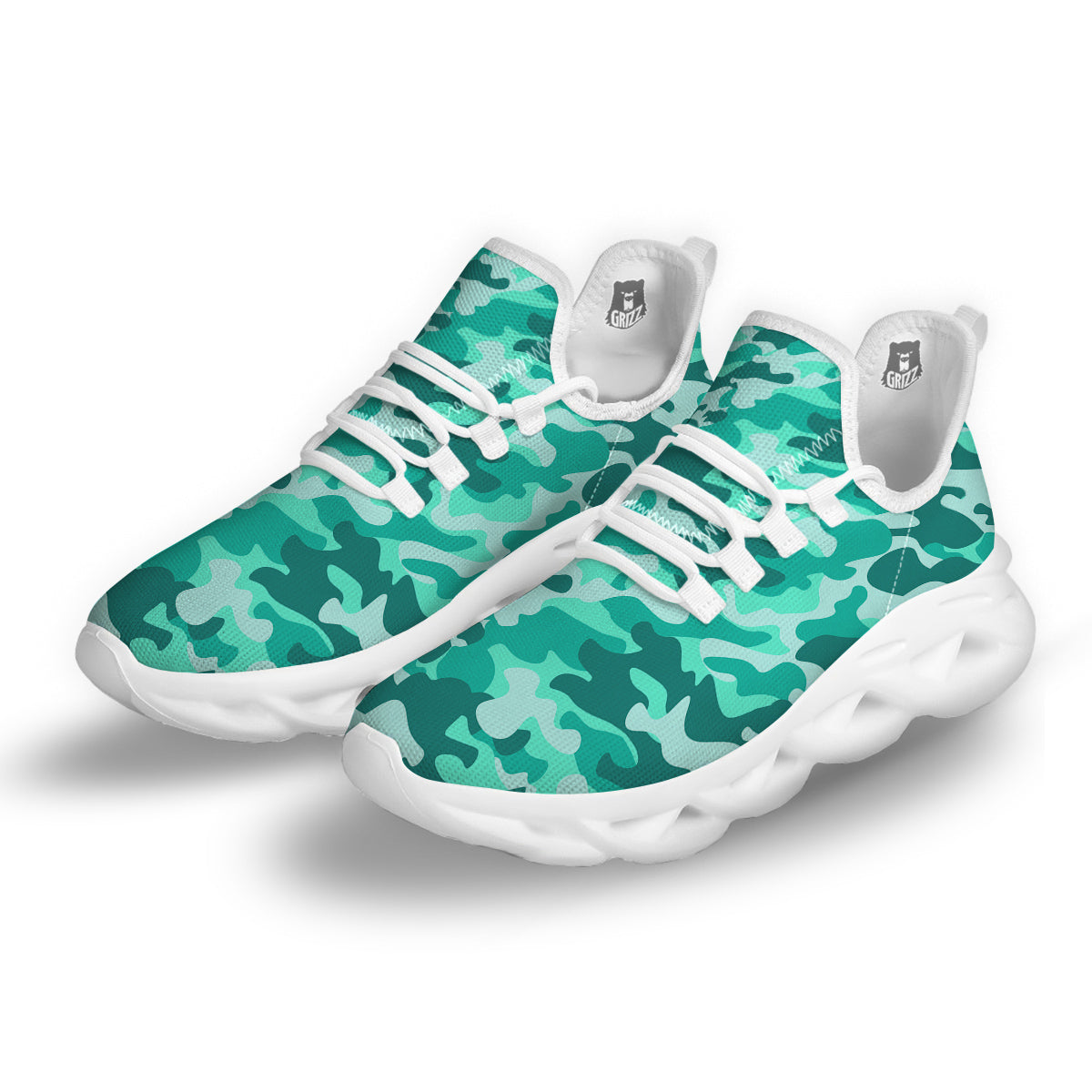 Teal Camo And Camouflage Print White Running Shoes-grizzshop