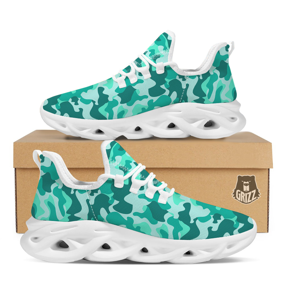 Teal Camo And Camouflage Print White Running Shoes-grizzshop