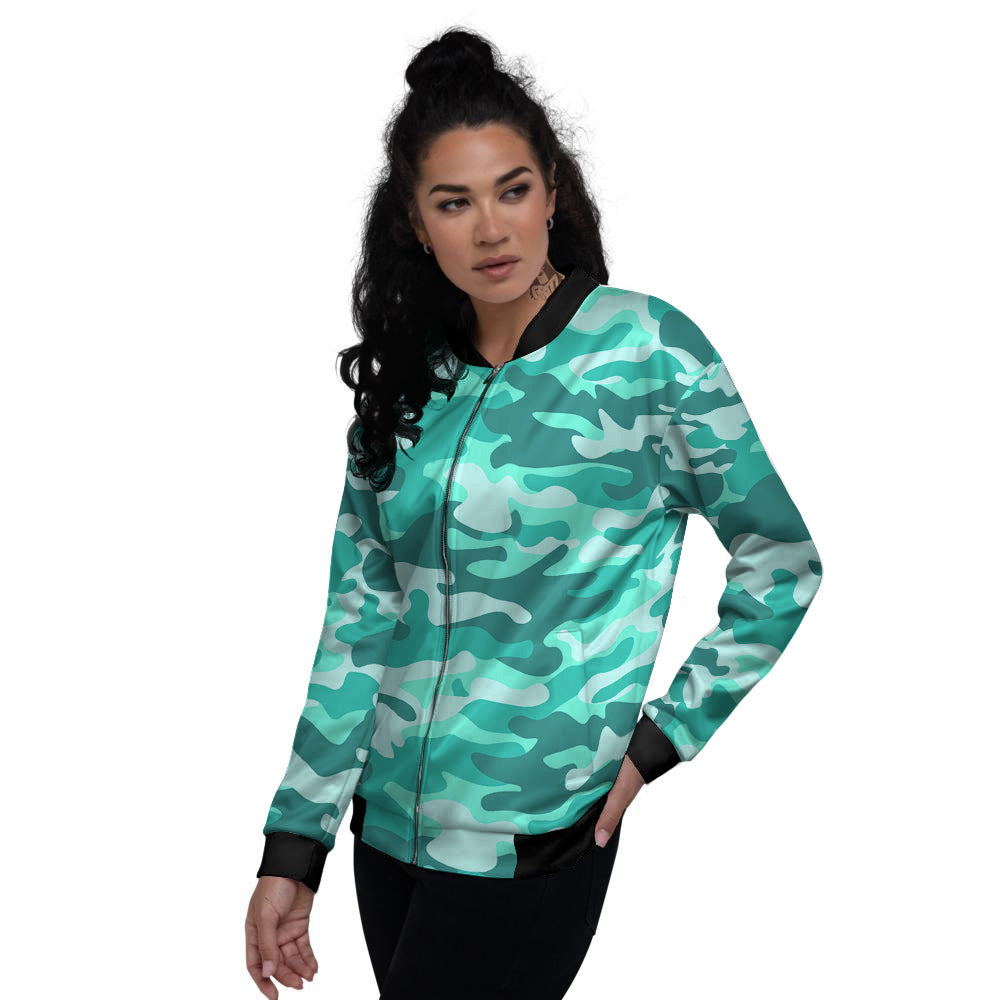 Teal Camo And Camouflage Print Women's Bomber Jacket-grizzshop