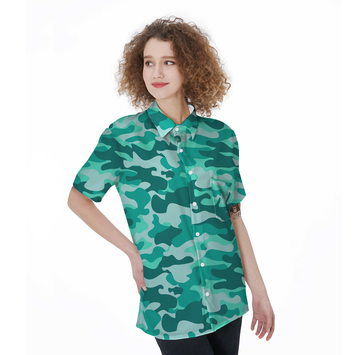 Teal Camo And Camouflage Print Women's Short Sleeve Shirts-grizzshop
